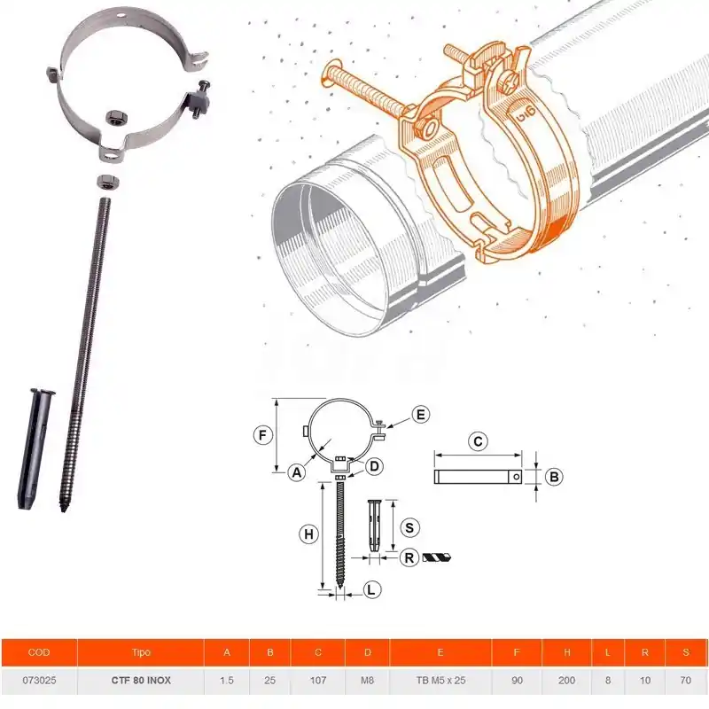 Ctf 80 Inox Collare ø80 con Clip per Tubi Fumo 073025