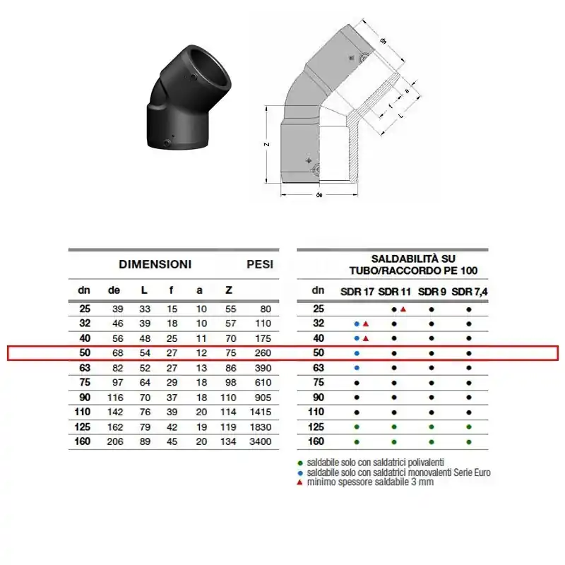 EUROSTANDARD Gomito 45° Elettrosaldabile Ø50 Pn25 Sdr 7,4 - 2116250050AA
