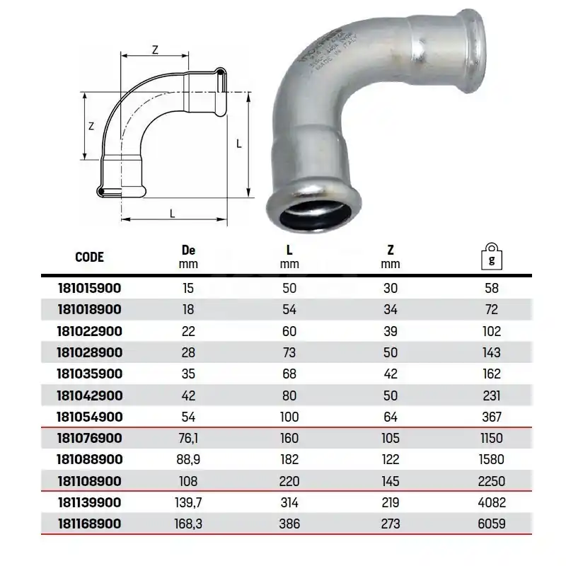 Curva 90° FF ø42 INOX 316L PRESS. 181042900