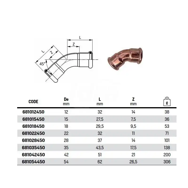 Curva 45° FF ø54 INOX 316L press. 181054450