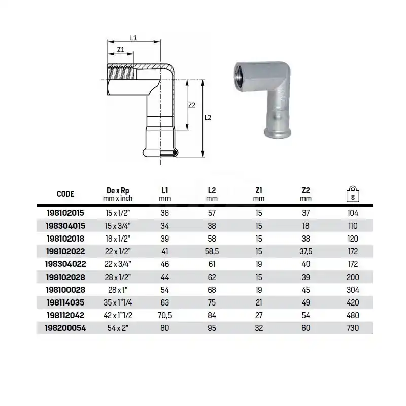 Gomito misto 90° filetto F ø22x1/2"F INOX 316L press. 198102022