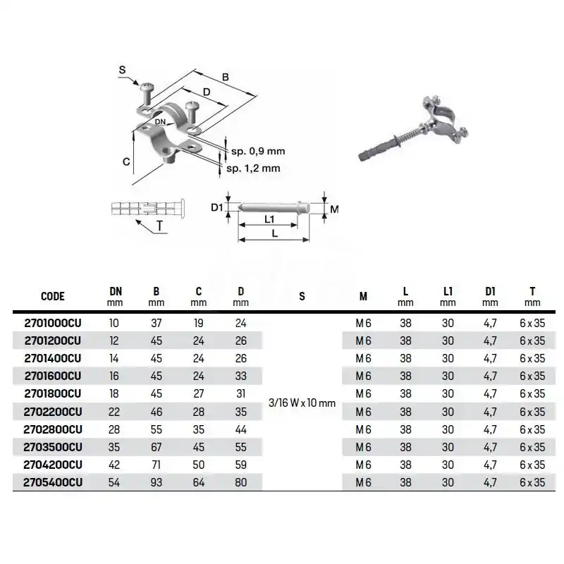 Collare rame per fissaggio tubo rame ø14mm 2701400CU