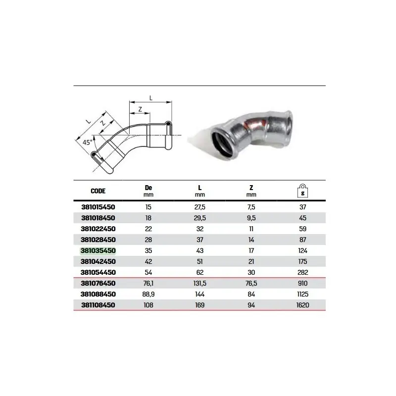 Curva 45° FF ø35 steelpres o-ring nero 381035450