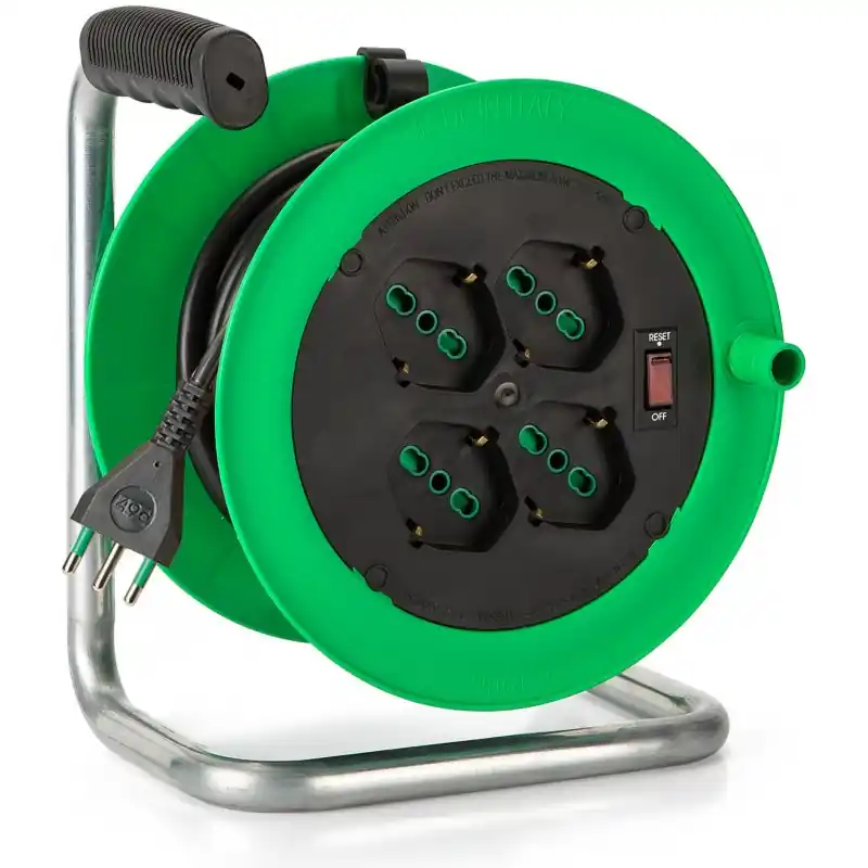 Avvolgicavo ZEUS Ø 195 mm. cavo 15 m. 3G1 H05VV-F, spina a italiana 2P+T 10A, 4 prese bipasso italo/tedesche 2P+T 16A, disco prese Ø 145 mm. + interruttore limitatore di corrente 146106