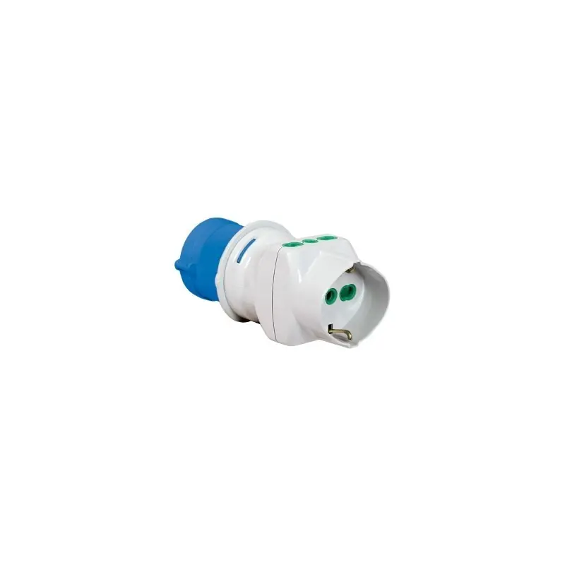 Adattatore industriale, spina 2P+T 16A 200-250V 6h IP44, 2 prese bipasso italiane 2P+T 16A, 1 presa bipasso italo/tedesca 2P+T 16A 73090