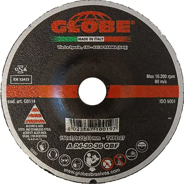 GLOBE DISCO DA SBAVO A CENTRO DEPRESSO D.MM150X7,0X22,23 INOX/ACCIAIO