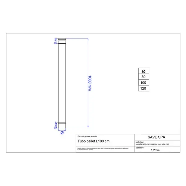 SAVE TUBO PER STUFE PELLETS PORCELLANATO NERO OPACO D.CM10X100