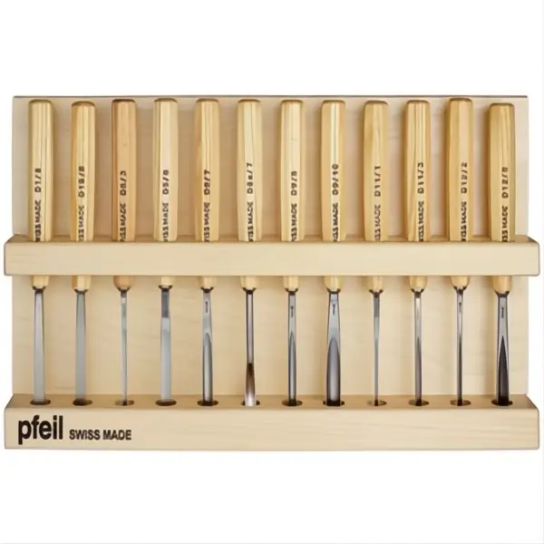 PFEIL SET DI 12 SGORBIE PER LEGNO MOD. AMATEUR CON SUPPORTO IN LEGNO