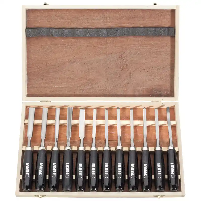 FERVI SET DI 12 SGORBIE PER INTAGLIATORE IN SCATOLA DI LEGNO