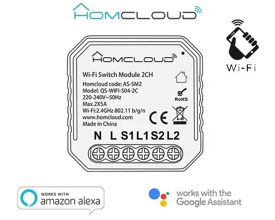 Modulo Interruttore Intelligente Wi-Fi 2 canali da incasso HomCloud