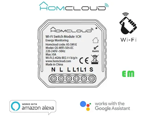 Modulo Interruttore Intelligente 1 canale Wi-Fi da incasso con monitor energia HomCloud