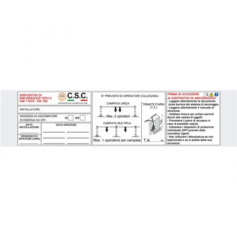 Targhetta alluminio 40×170 mm Linea Vita Light CSC