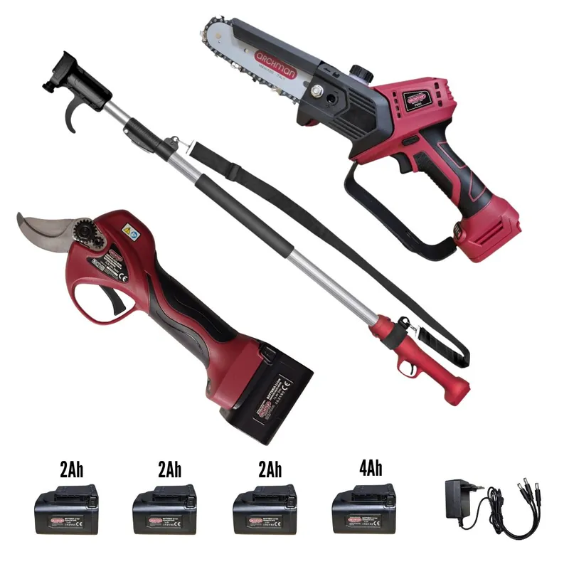 Kit Potatura a batteria Forbice FE08-32 + Potatore PE03 + Asta Telescopica AT1521X Archman + 4 Batterie