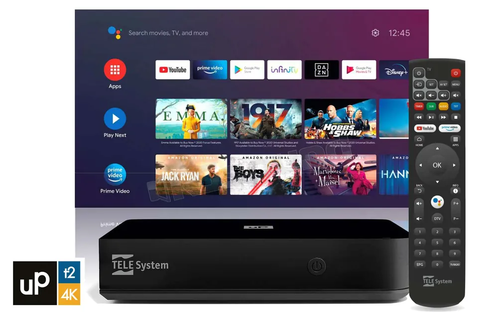 TeleSystem UP T2 4K Decoder TV DVB-T2 Google TV ufficiale Android 12 c